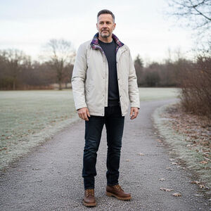 Mulberry Street Vintage Beige Utility Jacket with Plaid Trim, Unisex Large